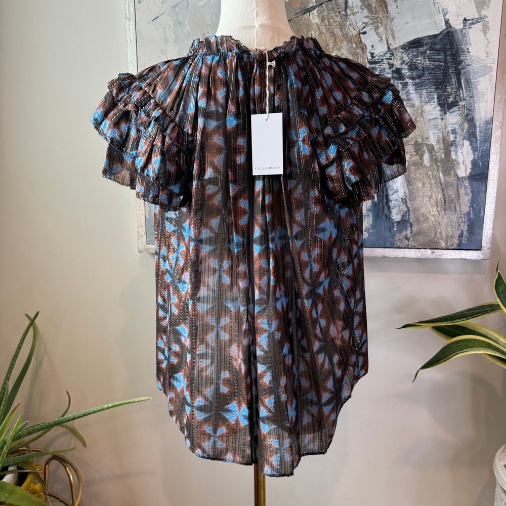 Ulla Johnson Marta Blouse Size 4 Twilight Prism Metallic Flutter Sleeve Silk NWT - Picture 5 of 12